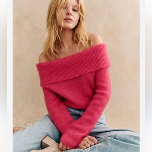 Sézane Aurore Off-the-Shoulder Sweater in Pop Pink | M